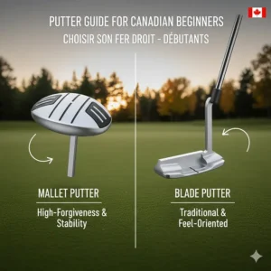 Comparison infographic of mallet and blade putters for new Canadian golfers, explaining stability and alignment for high-handicap players.