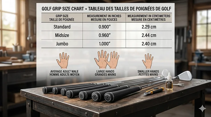 Comparison of midsize vs standard golf grips being held by a golfer at a scenic Canadian golf course with mountain views.