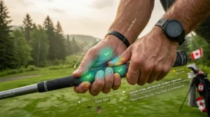 Diagram showing proper hand pressure on a golf club when dealing with sweat or rain.