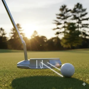 Close-up illustration of triple-track alignment lines on a budget mallet putter, helping beginners under 100 CAD improve their aim on the green.