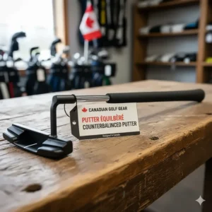 A counterbalanced putter displayed with a bilingual English and French "Putter équilibré" tag for the Canadian market.