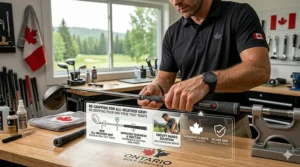 Graphic showing a golf club being re-gripped with all-weather material for Canadian golfers.