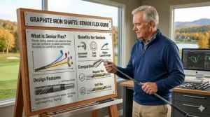 Bilingual infographic (EN/FR) showing increased swing speed for Canadian seniors switching to lightweight graphite iron shafts.