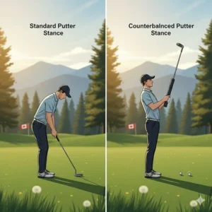Comparison of a golfer’s stance using a standard putter versus a counterbalanced putter for improved stability.