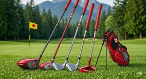 An illustration of a 5-piece starter junior golf set including a driver, irons, and putter tailored for an 8 year old's swing speed.