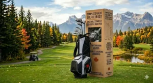 Infographic comparing the price of premium equipment versus affordable value golf clubs for Canadian shoppers.