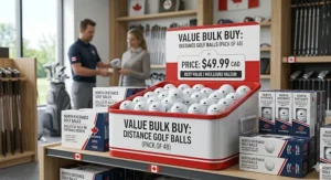 Illustration of value-pack distance golf balls available at a Canadian golf pro shop.