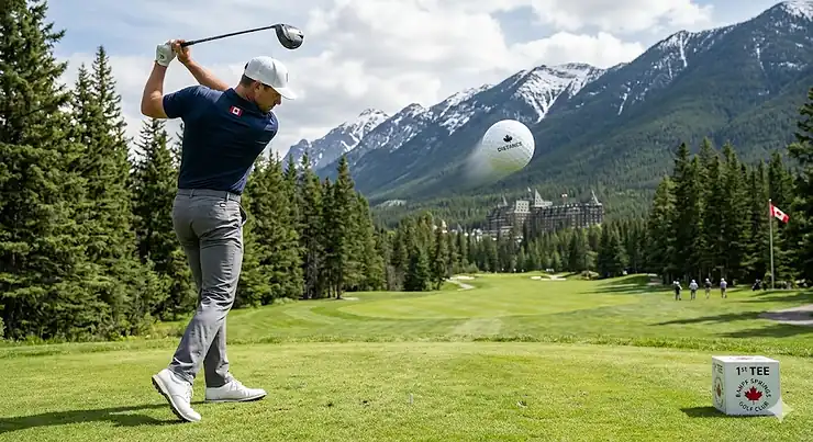 A golfer hitting a long drive with distance golf balls on a scenic mountain course in Alberta, Canada.