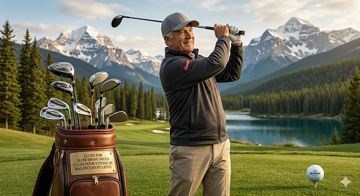 Alt text for image 1: A senior golfer teeing off at a scenic Canadian golf course in the Rockies; best golf clubs for slow swing speed.