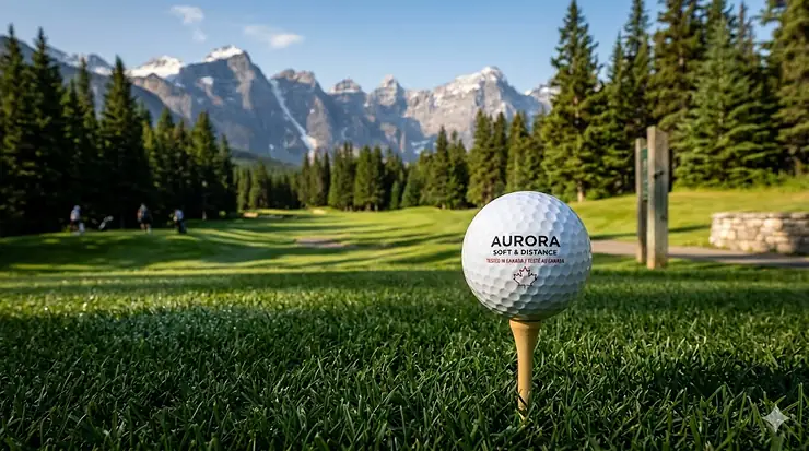 High-performance soft golf balls with distance on a tee with a scenic Canadian Rocky Mountain background for maximum drive length.