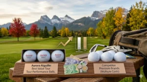 An illustration comparing affordable tour performance balls to premium brands, highlighting cost savings for Canadian golfers.
