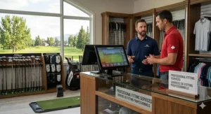 Digital dashboard showing golf club performance data in English and French (données de performance des clubs) for the bilingual Canadian market.