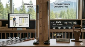 Comparison of a standard golf club versus a +1.5 inch extended club for tall players; comparaison de longueur de bâton de golf.