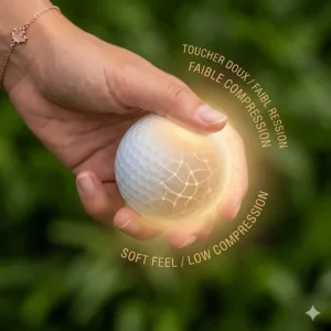 A comparison chart showing increased distance performance with low compression golf balls for women on a lush Canadian fairway.