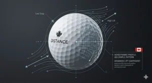 Technical illustration of distance golf ball dimple patterns designed for high launch and low drag.