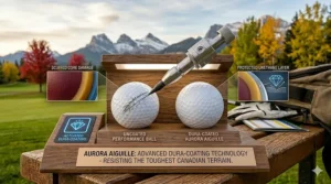 Illustration of a golf ball's urethane cover resisting scratches, optimized for the diverse turf conditions of Canadian courses.