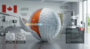Close-up illustration of a scuff-resistant ionomer cover used on long-distance golf balls.