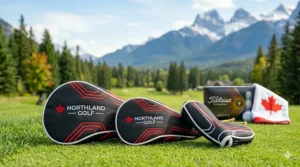 Matching protective headcovers included with a budget-friendly beginner golf set in Canada.