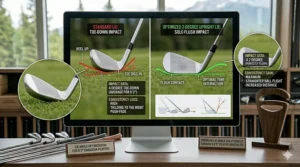 Technical illustration of adjusted lie angles for tall golfers to prevent toe-down shots; angle d'inclinaison des bâtons de golf.