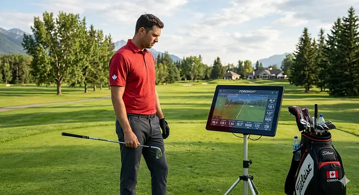 A golfer analyzing golf club performance data on a digital launch monitor at a scenic Canadian golf course during a professional fitting session.