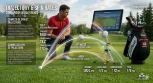 Trajectory map showing launch angle and spin rate data used to optimize golf club performance for various Canadian course conditions.