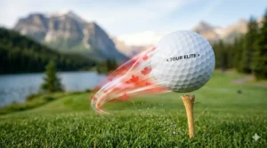 Graphic showing the high velocity and distance gains of tour level golf balls for competitive Canadian players.