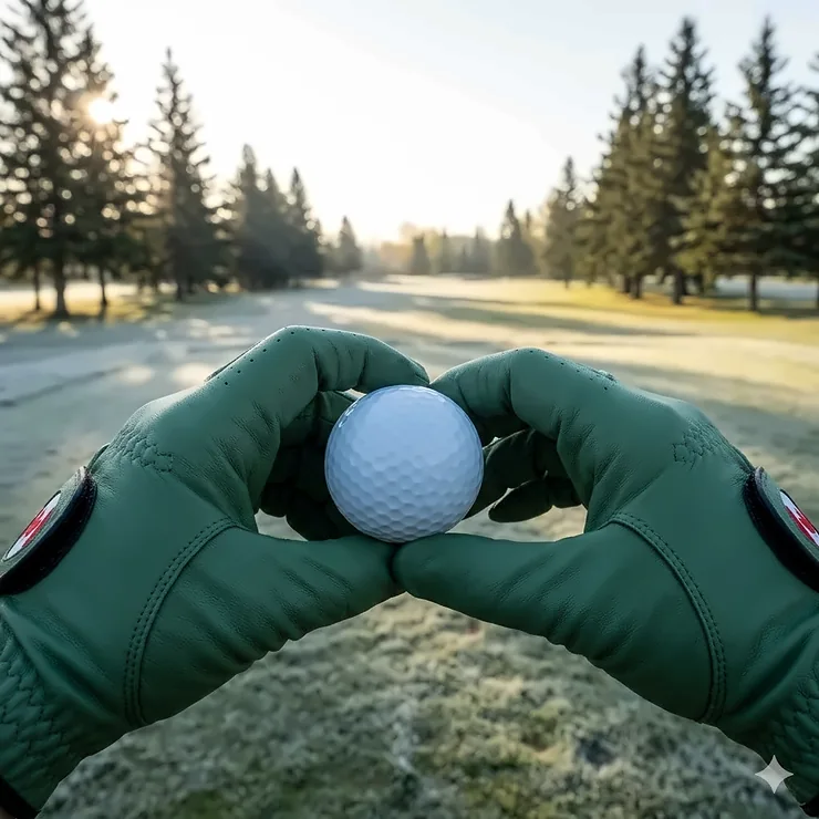 A photorealistic 4K image of a Canadian woman golfer on a mountain course, displaying a soft low compression golf ball in dynamic light.