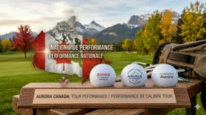 Graphic featuring golf balls with "Tour Performance" and "Performance de calibre tour" text over a subtle Maple Leaf backdrop.