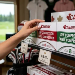 A close-up of a Canadian woman golfer putting with a low compression golf ball, emphasizing soft feel and a true roll on the green.
