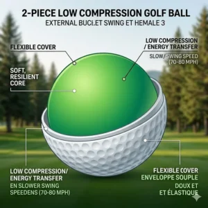 An intimate, macro view showing a glowing, responsive low compression golf ball that feels soft when held by a Canadian golfer.