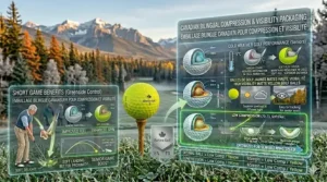 Detailed illustration of a senior golfer hitting a chip shot, highlighting the improved greenside control and soft feel of low-compression balls.