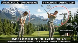 Illustration of the wider swing arc benefits for a 6'3" player using appropriately long clubs; visualisation de l'arc de swing pour golfeur de grande taille.