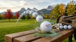 Close-up illustration of an affordable tour performance ball checking up on a green, emphasizing high spin rates.
