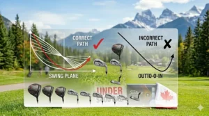 Illustration showing the full club breakdown and swing path tips for a beginner golf set under 400 dollars.