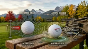 A diagram showing the flight path of a tour performance ball maintaining stability in the heavy winds of the Canadian Maritimes.