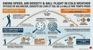 A complex technical illustration explaining how cold, dense air impacts ball flight and swing speed, necessitating low compression golf balls for cold weather. Shows trajectory comparisons and air molecule diagrams. Bilingual labels (EN/FR). / Diagramme technique expliquant l'impact de la densité de l'air froid sur le vol de la balle de golf.