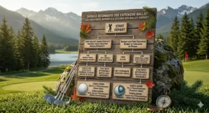 A detailed photorealistic 4K image of a decision matrix flow chart on weathered wood, positioned outdoors on a scenic Canadian golf course, providing a bilingual (English and French) path—"SHOULD BEGINNERS USE EXPENSIVE BALLS? / LES DÉBUTANTS DOIVENT-ILS UTILISER DES BALLES CHÈRES?"—to guide player choice.