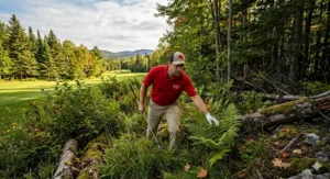 A photorealistic image of a disappointed beginner golfer searching the dense Canadian wilderness near a forest boundary for an expensive lost golf ball. Natural light, 4K quality.