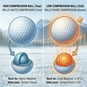 Illustration comparing low-compression balls (best for Canada's cold) versus high-compression tour balls.