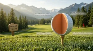 A high-detail, 4K photorealistic cross-section of a 2-piece ionomer golf ball (Surlyn cover and large polybutadiene core) on a wooden tee. Natural light illuminates the layers, which are labeled in English and French. The blurred background features the Rocky Mountains, identifying this as the ideal construction for beginner improvement.