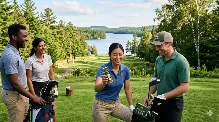 A diverse group of four happy friends in their late 20s examining new golf balls for beginners on a lush golf course overlooking a large Canadian lake in Muskoka, Ontario. One woman in a blue polo holds up a sleeve of balls labeled "MAPLE LEAF GOLF," with a Canadian flag visible on her sleeve.