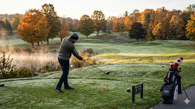 A photorealistic landscape of a frosty Ontario golf course in autumn. A golfer in cold-weather gear watches an orange golf ball airborne. The image highlights high-visibility golf balls for cold weather against fall colors. / Une balle de golf orange s'élève au-dessus d'un parcours givré en Ontario à l'automne.