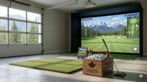 Golfer using bulk golf balls for practice in an indoor home simulator setup during the Canadian winter.