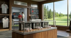 A boutique Canadian pro shop display showcasing the latest high-compression golf balls for competitive players.