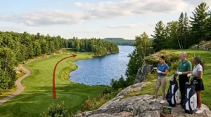 A photorealistic 4K landscape illustration of a dramatic par-5 hole in Muskoka, Ontario, where a diverse foursome of Canadian golfers stands on a granite bluff. A superimposed dynamic red arrow graphic marks a critical strategy aiming point for a 'MAPLE LEAF GOLF' distance golf ball to safely clear a large lake and heavy rough.