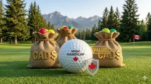 A high-detail illustration of a golfer using a distance ball optimized for performance in cooler Canadian spring and autumn temperatures.