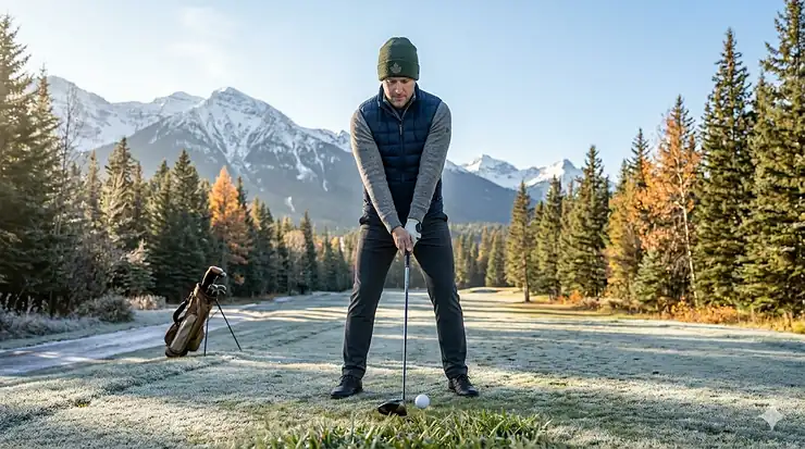 A Canadian golfer playing in late autumn frost, demonstrating how golf balls work in cold weather conditions. do golf balls work in cold weather