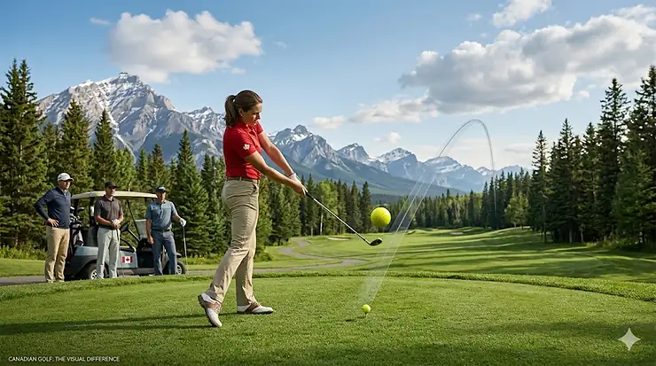A scenic view of a golfer teeing off with a yellow golf ball at a course in the Canadian Rockies. do yellow golf balls fly differently