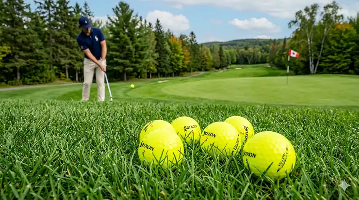 Neon yellow golf balls on a lush Canadian fairway for better visibility.