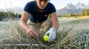 A close-up of a high-visibility yellow golf ball nestled in fallen autumn leaves on a Canadian golf course.